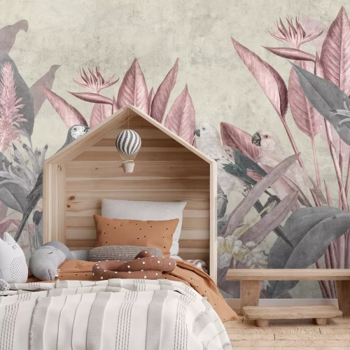 Papier peint  Perroquets sur fond de plantes tropicales