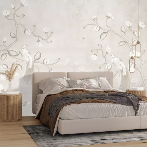 Papier peint  Motif beige avec des oiseaux sur des branches de magnolia