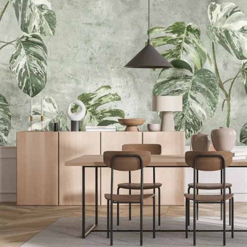 Papier peint  Monstéras sur fond texturé vert