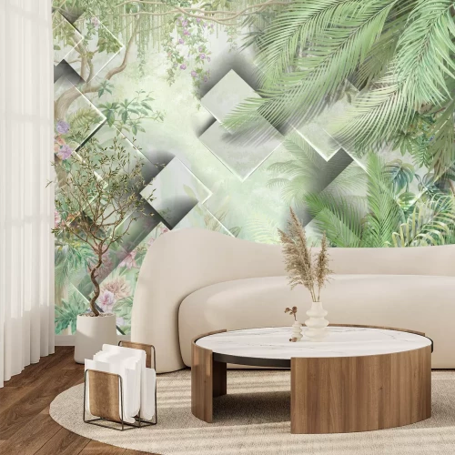 Papier peint  Paysage de jungle verte avec géométrie 3D moderne