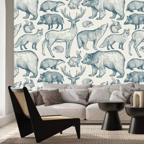 Papier peint  Motif d’animaux de la forêt style rétro