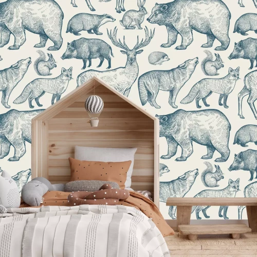 Papier peint  Motif d’animaux de la forêt style rétro