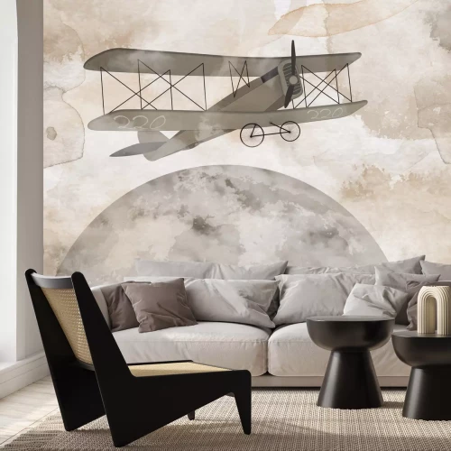 Papier peint  Lune et avion dans une illustration aquarelle pastel
