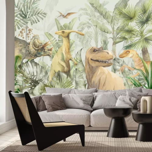 Papier peint  Jungle tropicale avec des dinosaures en aquarelle