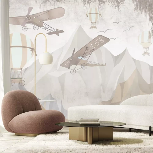 Papier peint  Ballons et avions parmi les montagnes dans des tons beige et gris