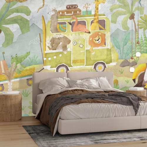 Papier peint  Bus de safari avec de jolis animaux dans la jungle
