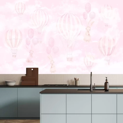 Papier peint  Lapins avec des ballons sur un ciel rose en aquarelle