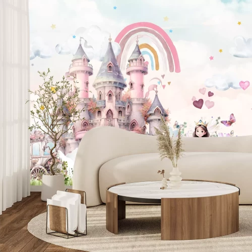 Papier peint  Princesse avec une licorne magique devant un château