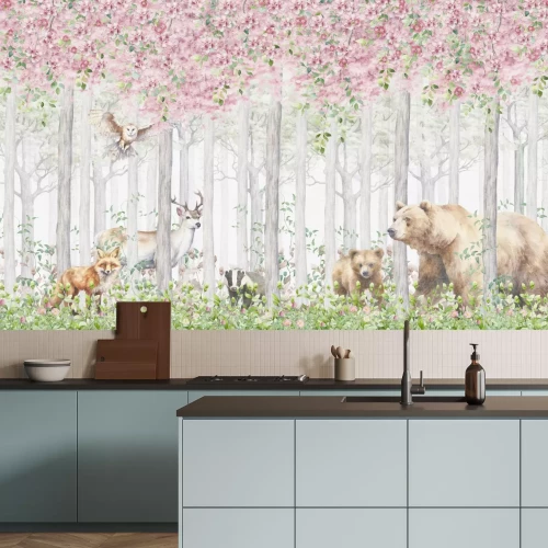 Papier peint  Animaux dans une forêt féerique en fleurs aquarelle