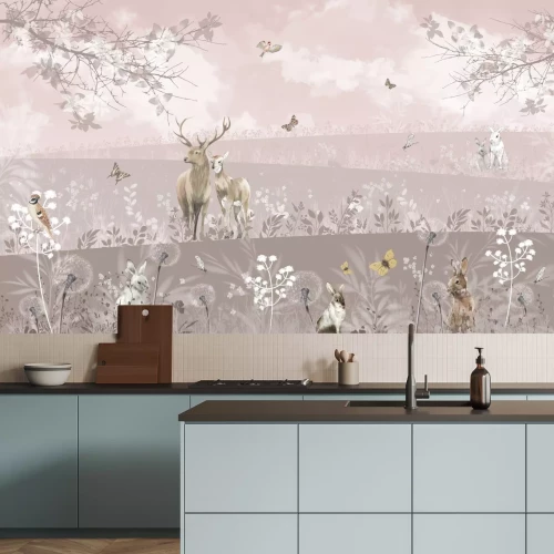 Papier peint  Paysage de clairière sauvage avec un cerf et des animaux de la forêt