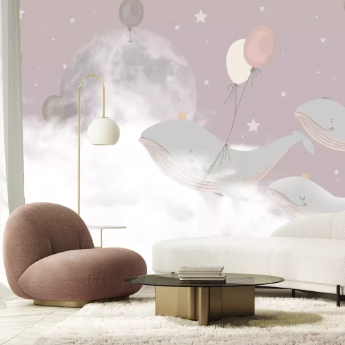 Papier peint  Baleines avec des ballons sur fond de ciel rose