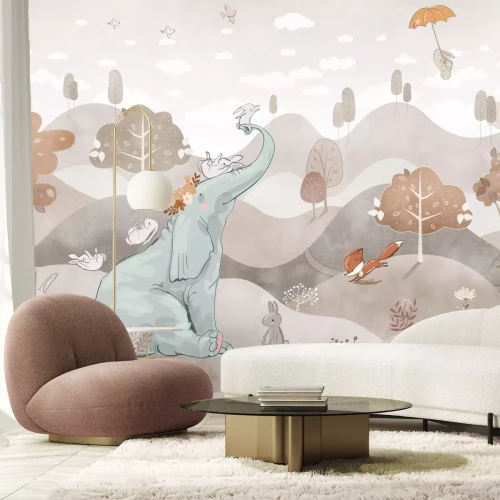 Papier peint  Éléphant et animaux de la forêt dans une scène aquarelle féerique