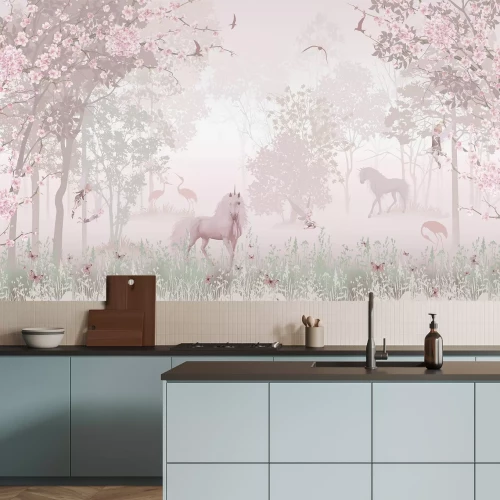 Papier peint  Forêt rose magique avec licornes et fées