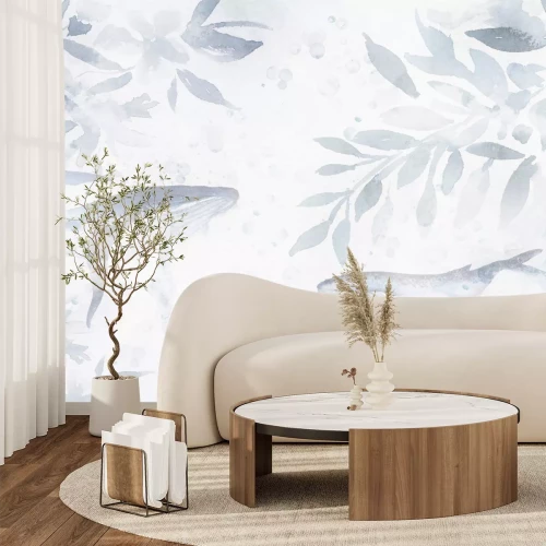 Papier peint  Feuilles bleues et baleines dans un style aquarelle délicat