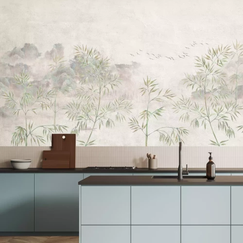 Papier peint  Bambou avec des oiseaux volants sur un fond texturé