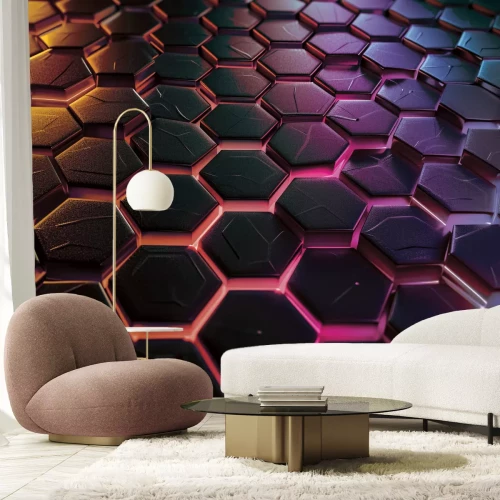 Papier peint  Motif géométrique avec des hexagones noirs et une lumière néon