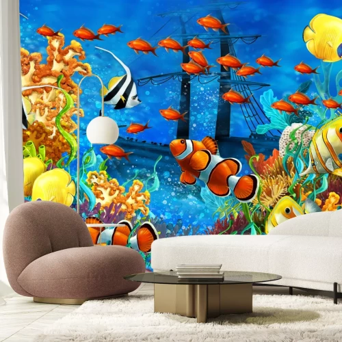 Papier peint  Paysage sous-marin avec poissons bateau et récif corallien en couleurs vives