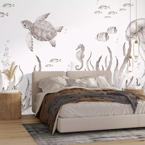 Papier peint  Monde sous-marin avec animaux marins illustration aquarelle pour enfants