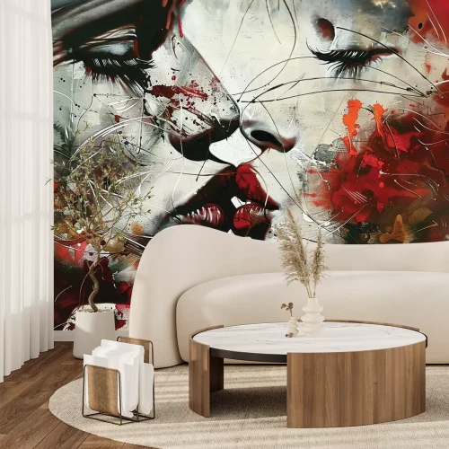 Papier peint  Fresque artistique d'un baiser de femmes en rouge
