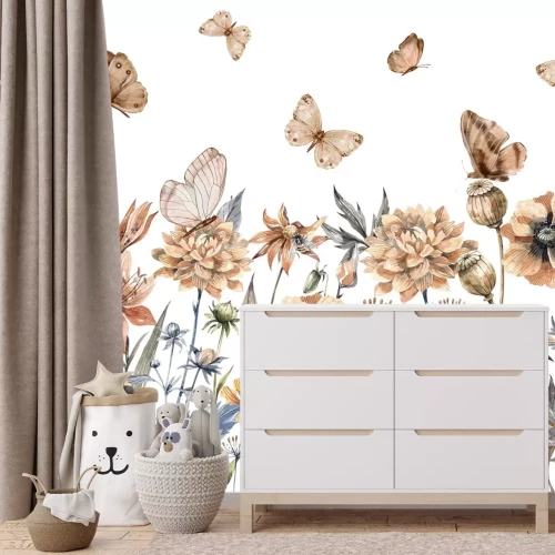 Papier peint  Papillons et fleurs des champs prairie aquarelle sur fond clair