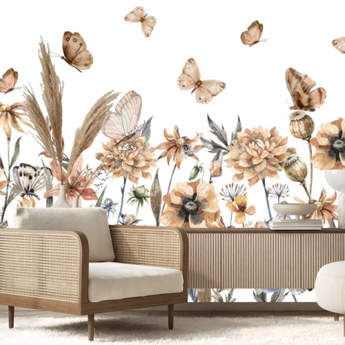 Papier peint  Papillons et fleurs des champs prairie aquarelle sur fond clair