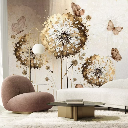 Papier peint  Fleurs pissenlits et papillons sur fond texturé motif élégant