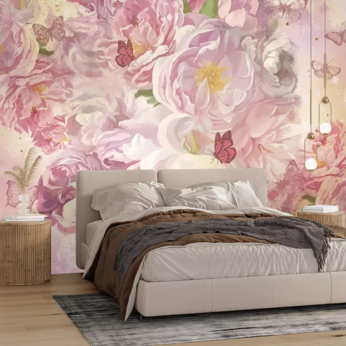 Papier peint  Fleurs roses et papillons motif en style peinture