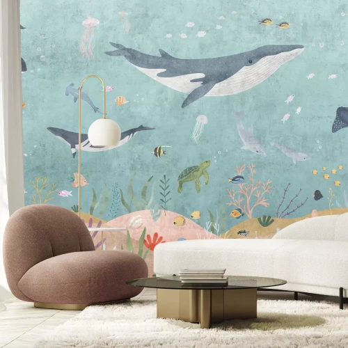 Papier peint  Baleines poissons et plantes dans un monde sous-marin coloré illustration pour enfants