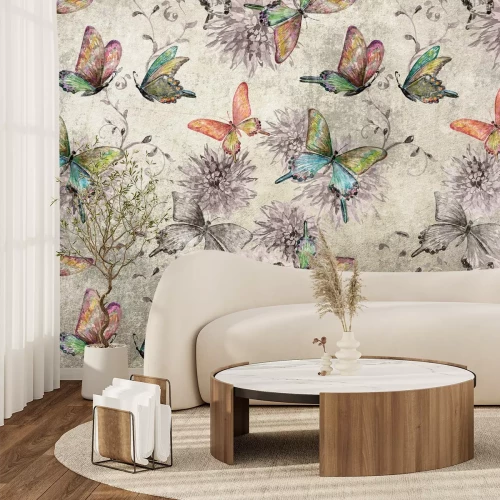 Papier peint  Motif botanique de papillons et de fleurs sur fond bétonné avec effet de texture