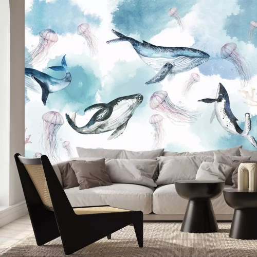 Papier peint  Motif aquarelle pour enfants avec baleines méduses et récif corallien