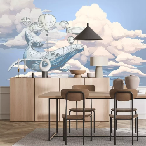 Papier peint  Baleine avec des ballons sur fond de nuages et ciel bleu motif aquarelle pour enfants