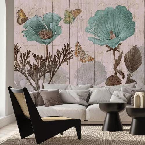 Papier peint  Papillons et fleurs bleues sur fond en bois motif botanique de style vintage