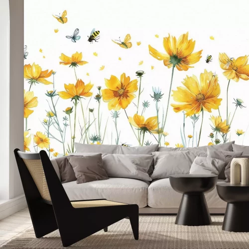 Papier peint  Motif botanique avec fleurs sauvages jaunes papillons et insectes motif naturel