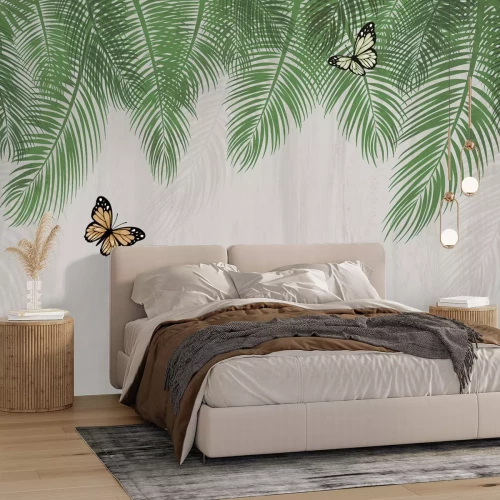 Papier peint  Motif botanique avec feuilles de palmier vertes et papillons sur fond texturé