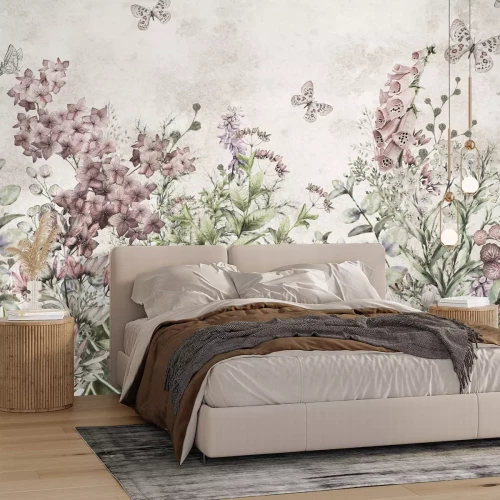 Papier peint  Papillons sur une prairie fleurie, motif botanique aquarelle sur fond clair