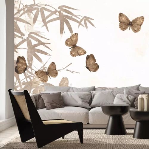Papier peint  Papillons beige en aquarelle avec branches de bambou sur fond blanc, motif naturel