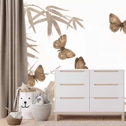 Papier peint  Papillons beige en aquarelle avec branches de bambou sur fond blanc, motif naturel