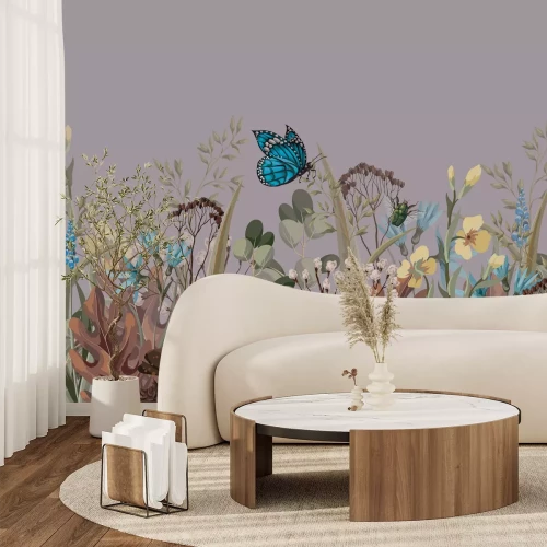 Papier peint  Papillon bleu sur une prairie fleurie, paysage naturel