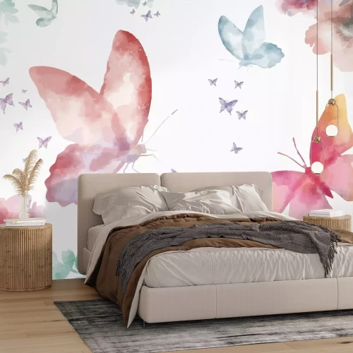 Papier peint  Papillons et fleurs colorés en style aquarelle sur fond blanc, motif délicat