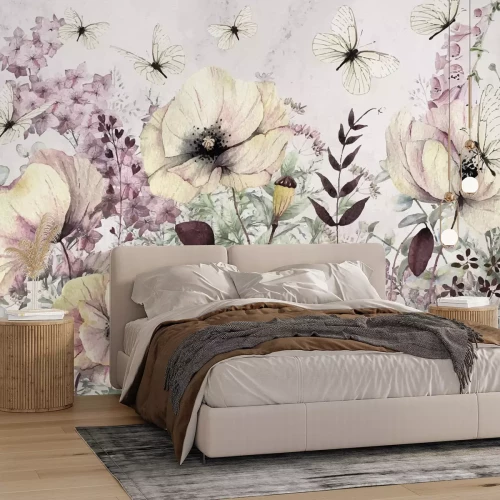 Papier peint  Fleurs en style aquarelle dans une prairie d'été avec des papillons blancs, motif botanique
