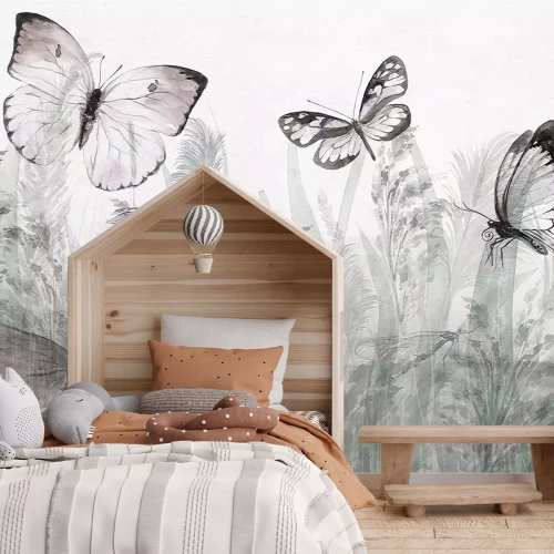 Papier peint  Papillons et une coccinelle dans une prairie d'été, paysage avec insectes et plantes