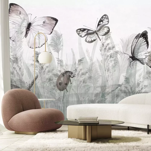 Papier peint  Papillons et une coccinelle dans une prairie d'été, paysage avec insectes et plantes