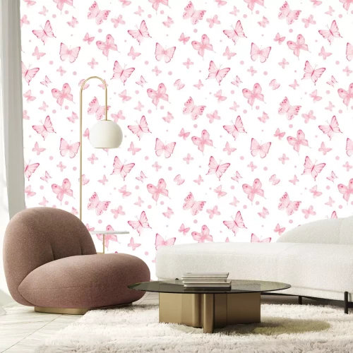 Papier peint  Papillons en aquarelle et pois sur fond blanc, motif enfantin délicat