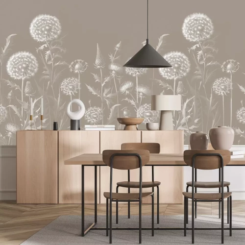 Papier peint  Pissenlits blancs et fleurs sauvages sur fond beige, motif botanique