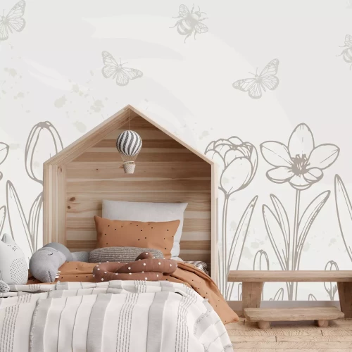 Papier peint  Tulipes, papillons et insectes en style minimaliste, motif botanique beige