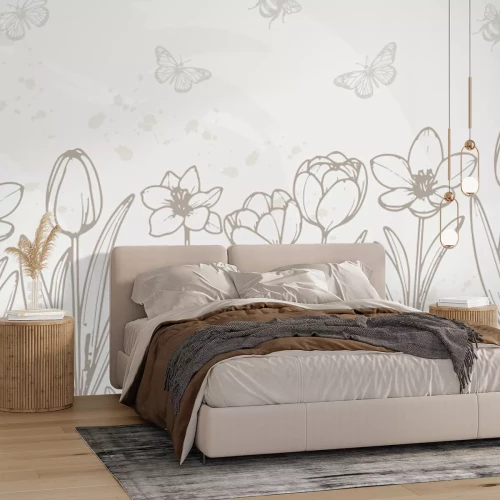 Papier peint  Tulipes, papillons et insectes en style minimaliste, motif botanique beige