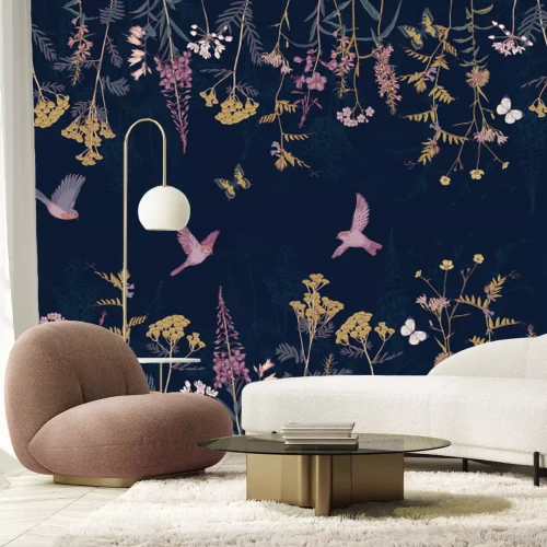 Papier peint  Motif botanique végétal avec fleurs colorées, papillons et oiseaux