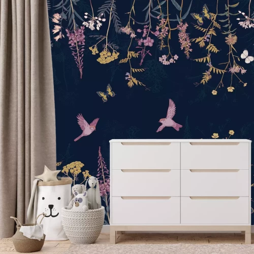 Papier peint  Motif botanique végétal avec fleurs colorées, papillons et oiseaux