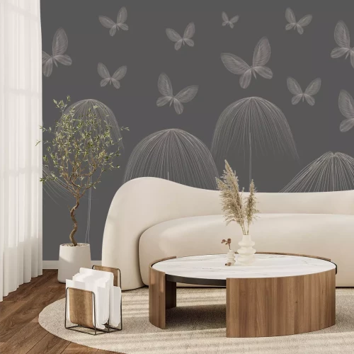 Papier peint  Papillons en style dessin au trait sur fond sombre, motif moderne minimaliste