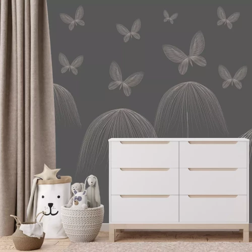 Papier peint  Papillons en style dessin au trait sur fond sombre, motif moderne minimaliste